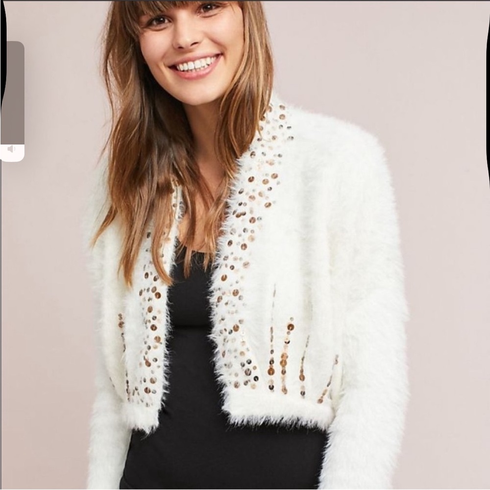 Anthropologie White Fuzzy Cardigan with Sequin Accents